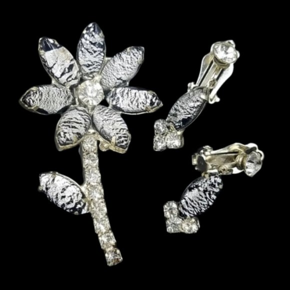 Vintage Black Zebra Foil Glass Brooch Earring Set - Picture 1 of 5